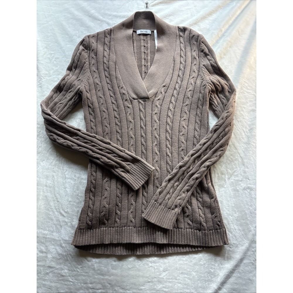 Liz & Co Taupe Brown Cable V-neck Knit Sweater 100% Cotton Medium Fitted Coastal